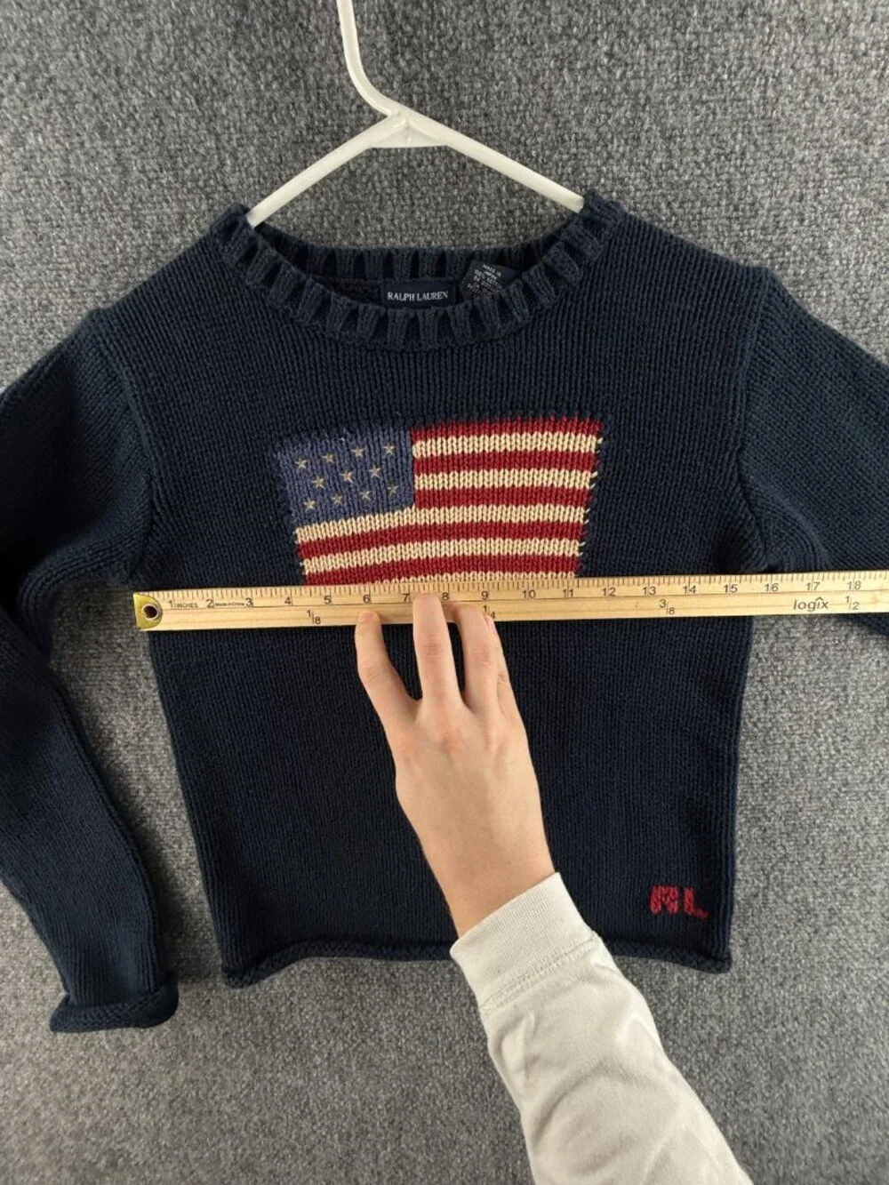 Ralph Lauren Boys Flag Sweater USA Large Cotton Japan Made Navy Blue Crew Neck